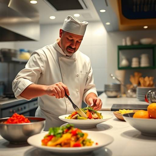 A beautifully shot scene from a restaurant commercial, showcasing a chef preparing a gourmet meal in a pristine kitchen.