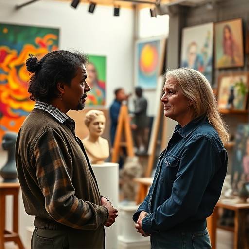 A poignant scene from a documentary, showing an interview with a local artist in their vibrant studio, filled with colorful paintings and sculptures.