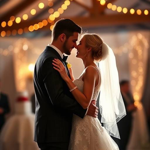 A romantic scene from a wedding video, featuring the bride and groom sharing their first dance under twinkling lights.