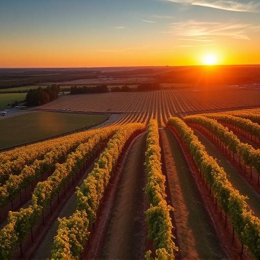 An expansive aerial view of a vineyard during harvest season, captured by drone, displaying rows of grapevines against a stunning sunset backdrop.