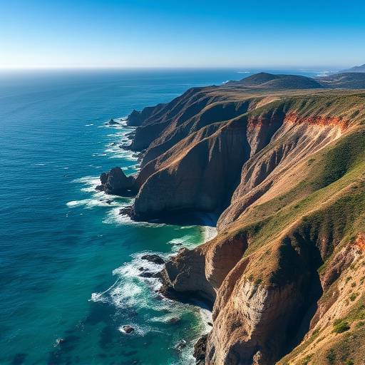 Breathtaking aerial view of the Big Sur coastline, captured with a drone, showcasing the dramatic cliffs and turquoise waters of the Pacific Ocean.