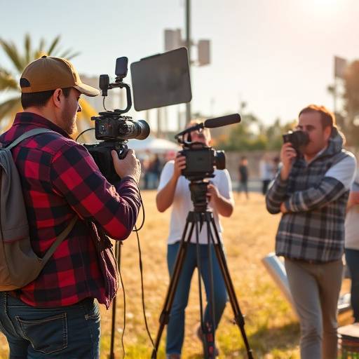 Camera crew filming a scene for a commercial with actors in a vibrant setting.