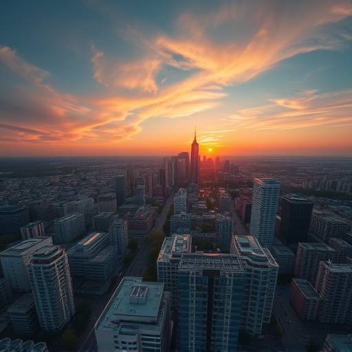 Drone capturing aerial footage of a cityscape during sunset.