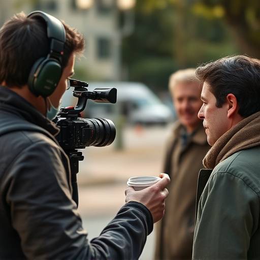 Filmmaker interviewing a subject for a documentary in a natural setting.