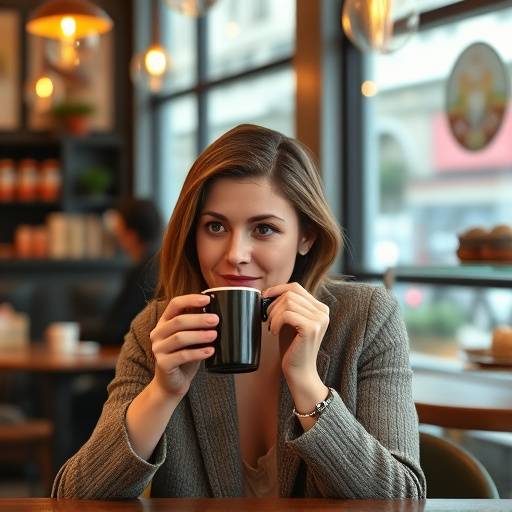 Scene from a commercial featuring a woman enjoying a cup of coffee in a cozy cafe.