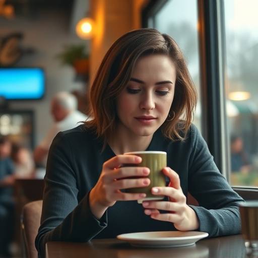 Scene from a commercial featuring a woman enjoying a perfectly brewed cup of coffee in a cozy cafe setting with soft, inviting lighting.