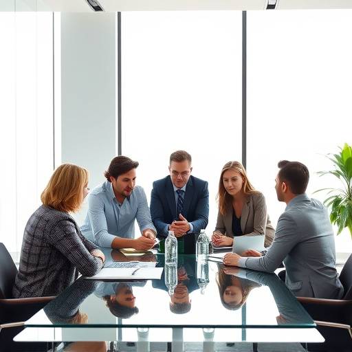 Still from corporate video showcasing a team meeting in a modern office.