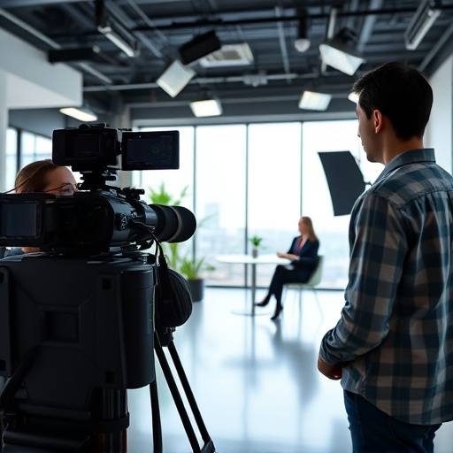 Team filming a corporate interview in a modern office setting.