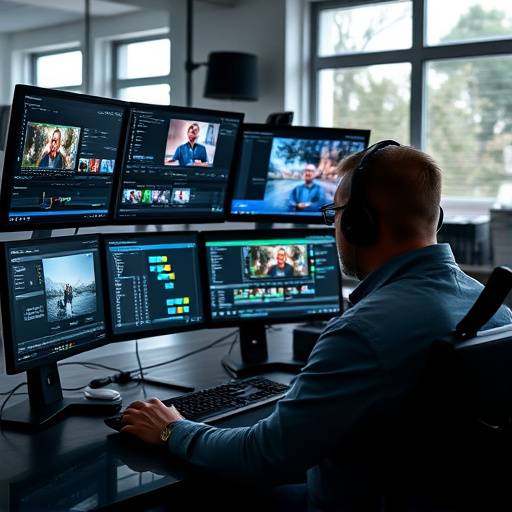 Video editor working on a project with multiple screens and editing software.