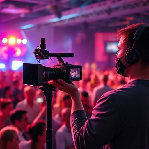 Videographer capturing footage at a live event with vibrant lighting and a large crowd.